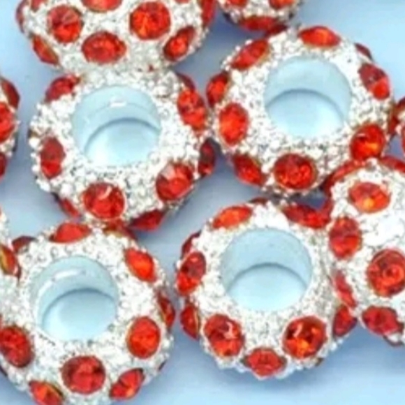New- 10 PC Red Rhinestone Large Hole European Beads - Picture 1 of 3